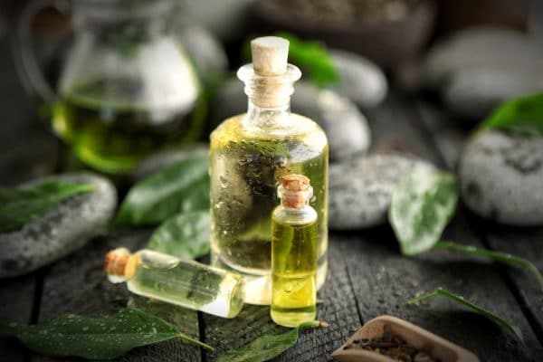Essential oils in a bottle on a wooden table