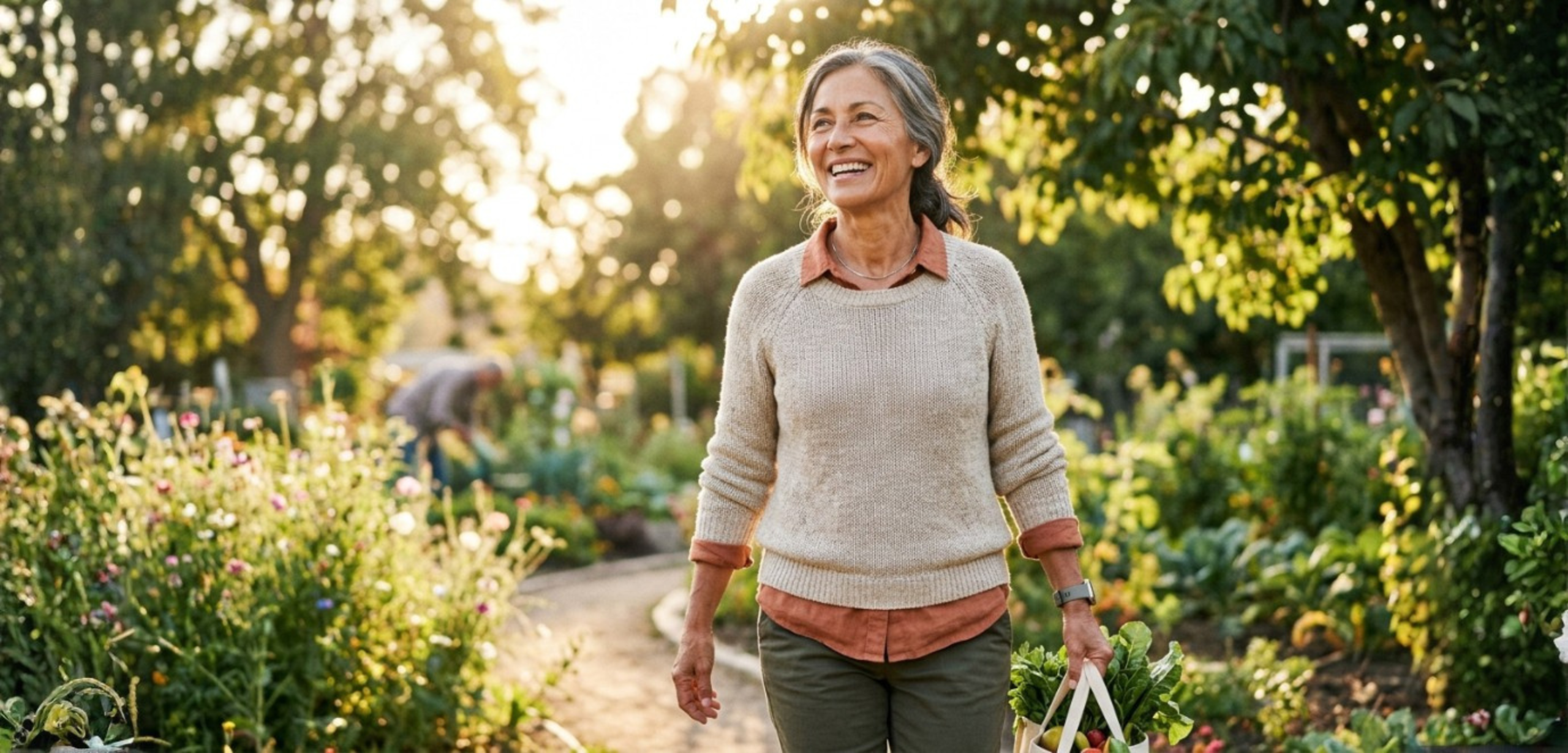 Smiling woman walks through a sunlit garden holding a bag of fresh produce.