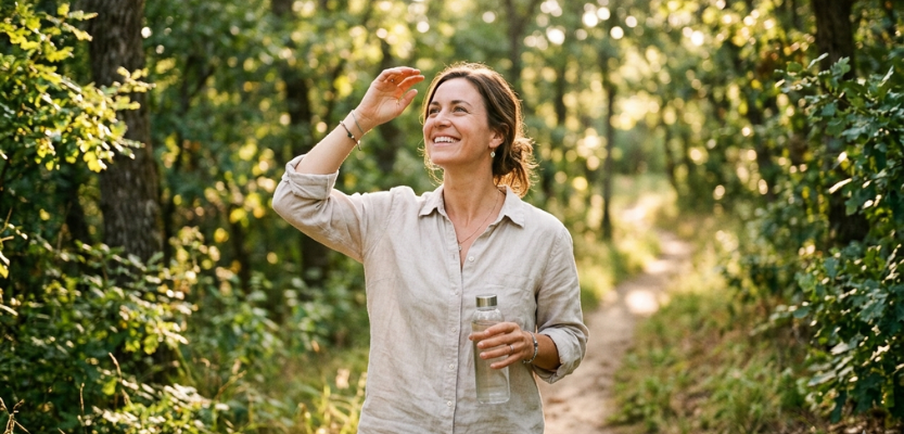 Woman on a forest trail in a beige shirt, holding a water bottle and shielding her eyes while smiling at the sunlit trees.