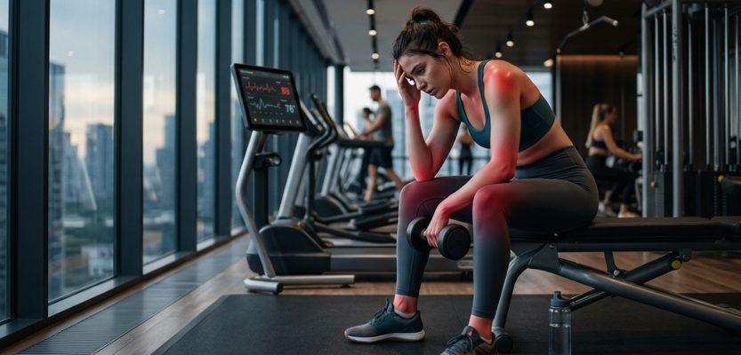 A woman sits on a gym bench between sets, holding a dumbbell while resting with her hand on her head, red light on her shoulders from a workout.