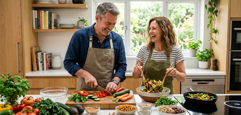 Couple cooking together in a bright kitchen; man chops peppers while woman mixes a salad and laughs.
