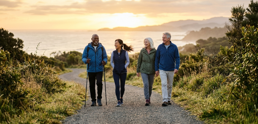 Four friends walking along a coastal trail at sunset, smiling and chatting.