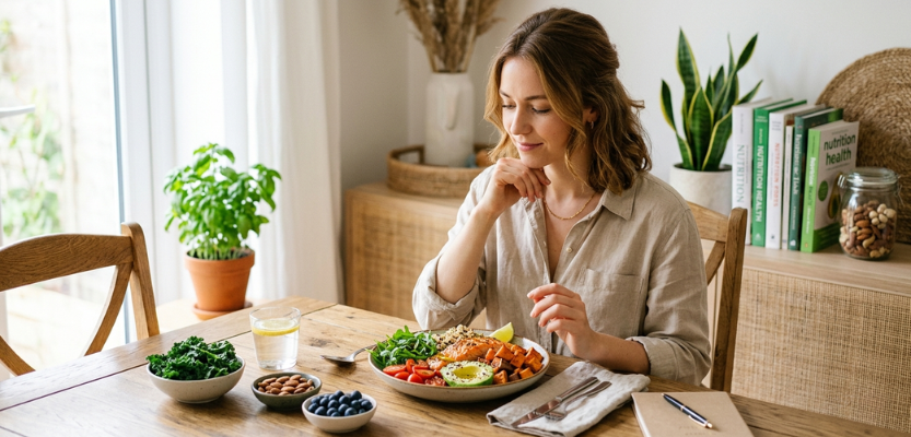 Woman seated at a wooden table, eating a colorful healthy meal with avocado, tomatoes, greens and nuts.