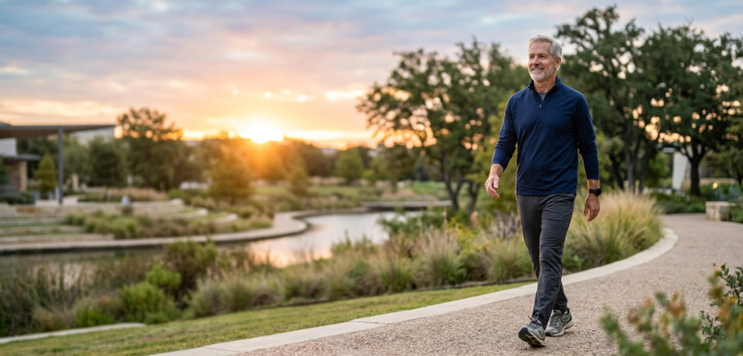 Older man with gray beard walking along a winding gravel path in a park at sunset, with trees and a pond nearby.
