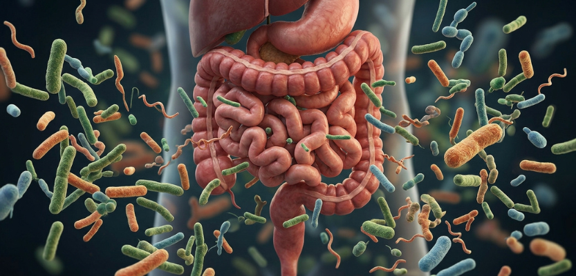 Illustration of the intestines surrounded by diverse colorful bacteria, depicting the gut microbiome.