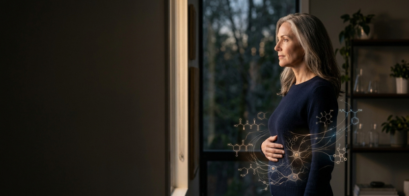 Woman in a blue sweater stands by a window, looking outward, with holographic chemical and neural diagrams overlaid on her midsection—symbolizing science or biotech.