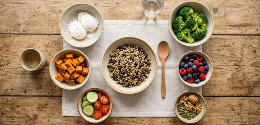 Overhead view of a healthy meal spread: quinoa bowl, broccoli, berries, cucumber, tomato, sweet potatoes, eggs, and nuts.