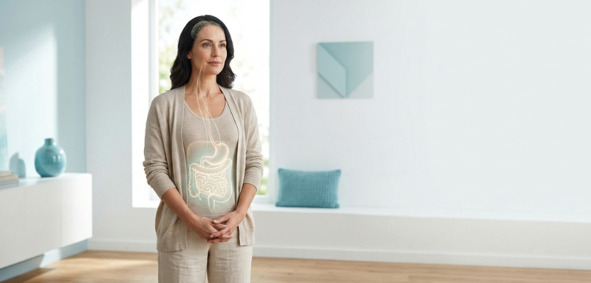 Pregnant woman standing indoors with a glowing digestive system diagram over her midsection, illustrating gut health during pregnancy.