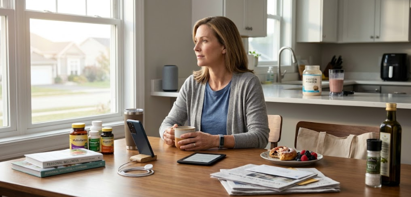 Woman sits at a kitchen table by a window, holding a mug with a tablet and a phone in front of her; a plate of donuts and newspapers on the table.