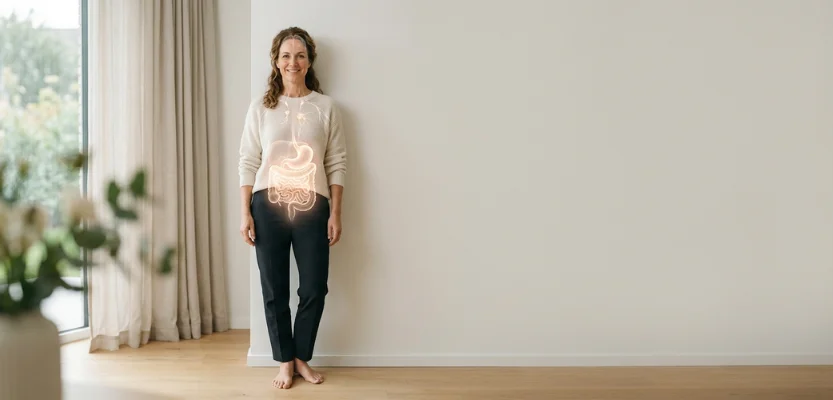 Woman standing in a bright room with a glowing digestive system overlay over her abdomen (stomach and intestines).
